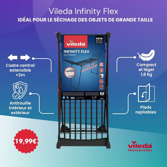 Vileda Infinity Flex Noir ® Étendoir à linge intérieur - Cordes XXL de plus de 2 mètres, stable et robuste, transport pratique
